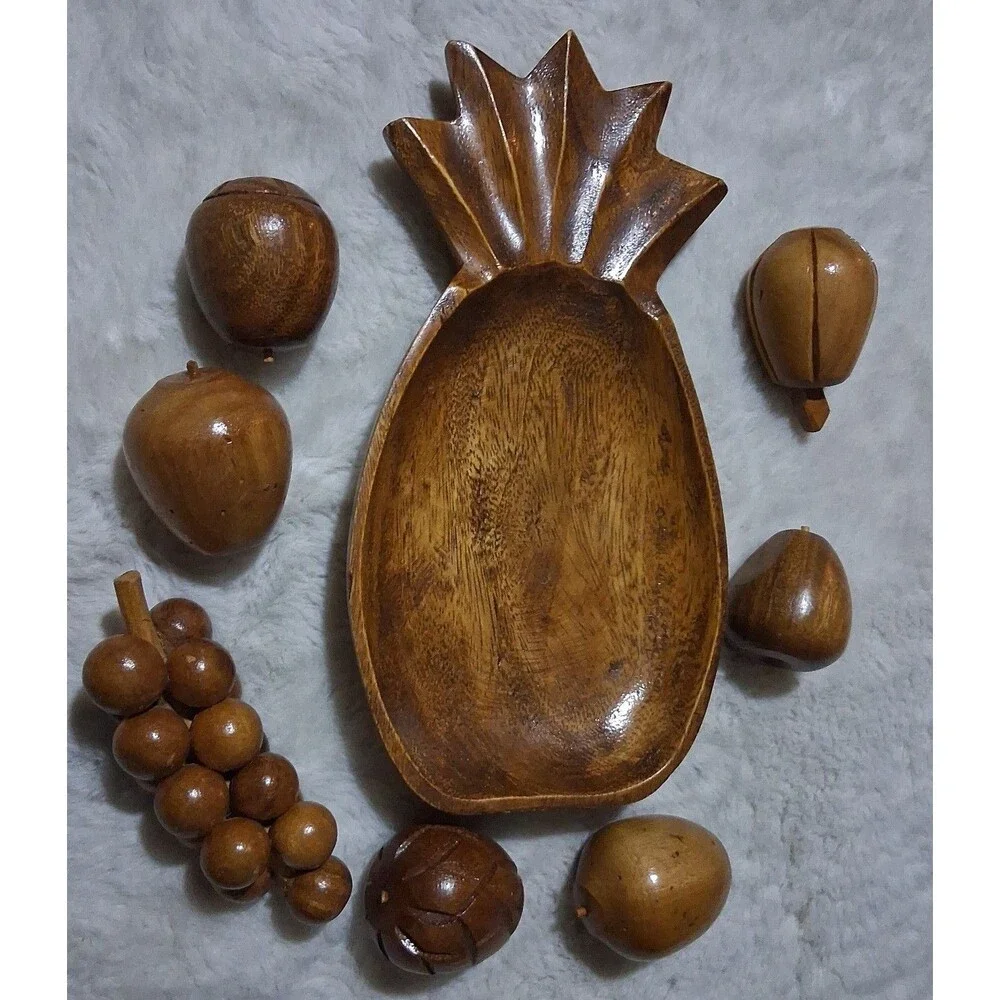 Vintage 60's Monkey Pod Wooden Fruit & Bowl Phillipines handcrafted 8 piece set